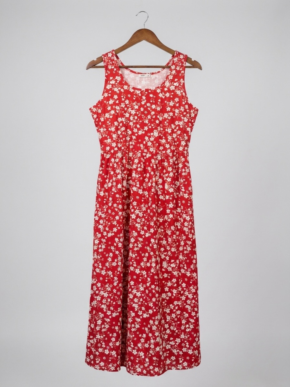Red Floral Midi Dress with Scoop Neck Vintage